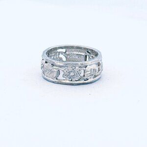 Estate Vintage Sterling Silver 925 Floral Leaf Design Band Ring Size 7.5, Unisex